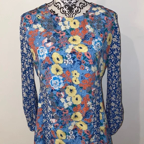 NWOT!! Umgee Patchwork Boho Blue & Yellow Floral Long Sleeve Dress Size Small - Picture 3 of 13